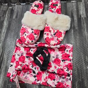 Victoria's Secret Fuzzy Floral Rose Satin Soft Slippers Slides Sz M (7-8)